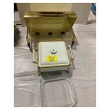 MCM SERVER & WHITE ENAMEL SERVING DISH, GLASS