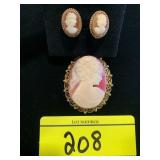 BEADED RIM CAMEO EARRINGS PAIR, GOLD-TONE CAMEO