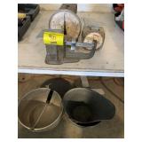 3 SCALES, 3 METAL BUCKETS UNDER TABLE