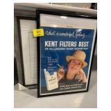 FRAMED KENT FILTERS CARDBOARD SIGN, PICTURE FRAME