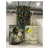 3 VINTAGE METAL TRASH CANS - FLORAL, NEWSPAPER,