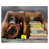 BOX OF BOOKS, BOX OF CORDS, CLOCK, ETC