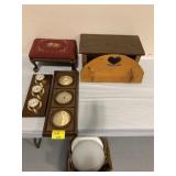 WOODEN SHELVES & HARDWARE UNDER TABLE,
