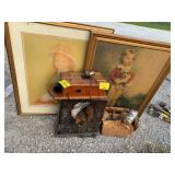 2 LARGE PRINTS, NORMAN ROCKWELL GLASSES, WOOD