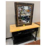 HEAVY WALL MIRROR, BLACK PAINTED WOOD TABLE