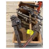 WOODEN CRATE OF PLUMBING WRENCHES, SNIPS, HAND