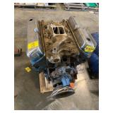 FORD? ENGINE BLOCK ON ROLLING WOODEN STAND