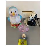 PINK GLASS RABBIT ON NEST (CHIPPED), PLANTER