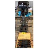 DELTA DRILL PRESS, DRILL BIT SET IN WOOD CASE