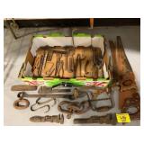 ANTIQUE HAND TOOLS, SAWS, RAILROAD NAILS, ETC