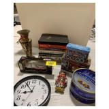 CLOCK, MANUALS, EGYPTIAN THEMED BRASS VASE, Dï¿½COR