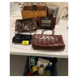 ATOMIC CLOCK, PURSES, BASKET, CLEANING SUPPLIES