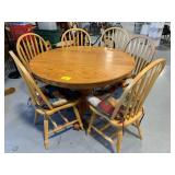 WOODEN PEDESTAL KITCHEN TABLE, 6 MATCHING CHAIRS