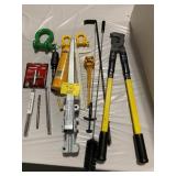 DRILL BITS, DEWALT ADAPTOR, CLEVICES, SNIPS PAIR,