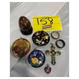 GROUP OF CLOISONNE - 5 PENDANTS, 2 RINGS, EGG &