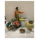 ASIAN FIGURE, GLASS JADE TREE, FLOWER VASES OF