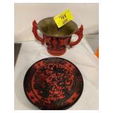CINNABAR OVER BRASS DISH, RED ASIAN THEMED PLATE