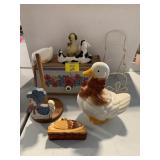 FLOWER BREAD BOX, GOOSE COOKIE JAR & FIGURINES,