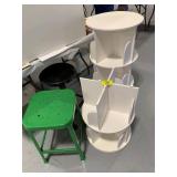 ROTATING SHELVING UNITS, 2 METAL STOOLS