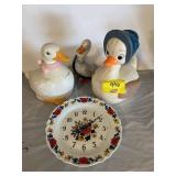 PORCELAIN CLOCK, 2 DUCK COOKIE JARS, DUCK