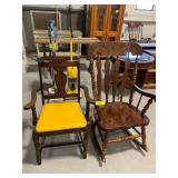WOODEN ROCKING CHAIR, YELLOW VINYL UPHOLSTERED