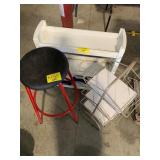 STOOL, PLASTIC SHELF, 2 HAND WEIGHTS, METAL RACK