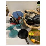 POTS & PANS, BASKET, CAST IRON SKILLET, KITCHEN