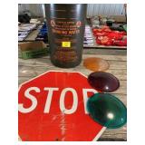 WATER CAN, METAL STOP SIGN, STOPLIGHT LENS