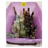 TOTE OF ANTIQUE GLASS BOTTLES OF ALL KINDS