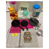 VEGETABLE CANISTER, BAKING PANS, CAST IRON