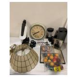 POOL BALLS, CLOCK, LIGHT FIXTURE UNDER TABLE,