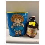 DOG N SUDS GLASS ROOT BEER JUG, RAGGEDY ANN METAL