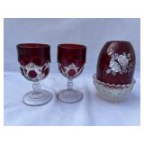 Two small gobletts and a Fenton Fairy Lamp