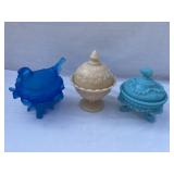 Lot of 3 lidded glass dishes. Bird on a nest, sea