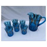 Blue and gold detailed pitcher with 6 glasses