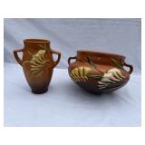 Freesia Brown Roseville two handled vase and chain