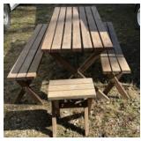 Wooden picnic table with 2 benches and 2 stools fo