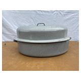 Grey marbled graniteware roaster with lid