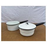 2 black and white graniteware sauce pans. Includes