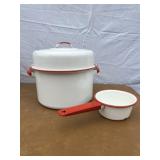 Red and white graniteware large lidded pot and sau