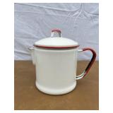 Red and white graniteware coffee pot