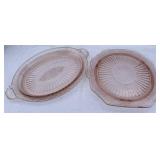 Lot of 2 pink depression glass platters.The raised
