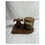 Wooden Pipe stand with tobacco jar. Jar is marked
