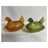 Pair of carnival glass hen on a nests