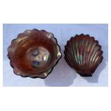 2 carnival glass footed bowls