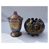 Lot of 2 carnival glass dishes. A footed bowl and