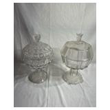 2 large pedestal lidded glass candy jars