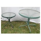Lot of 2 green metal glass top tables