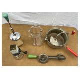 Lot of kitchen utensils. Red wood handle sifter, G