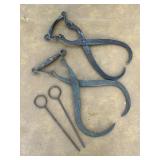Two pairs of ice tongs and 2 metal skewers